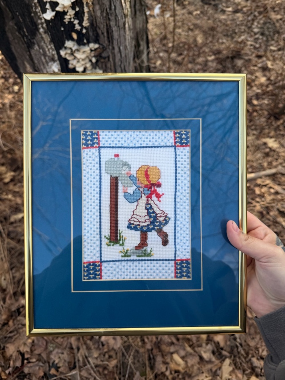 Framed Cross Stitch Girl with Mailbox - Blue Mat